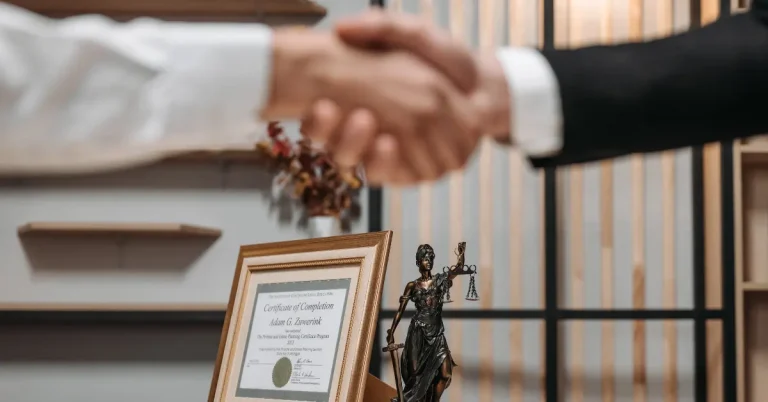 Zwei Personen geben sich die Hand während man im Hintergrund die Statue der Gerechtigkeit sieht